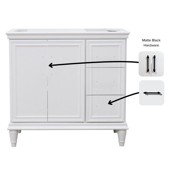 37" Single Vanity in White Finish with Black Galaxy and Oval Sink- Left Door/Left Sink
