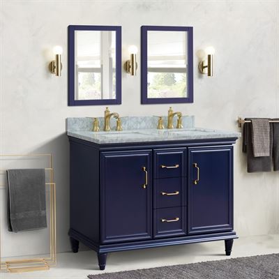 49" Double vanity in Blue finish with White Carrara and rectangle sink