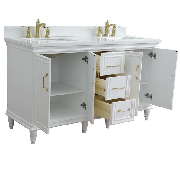 61" Double Sink Vanity in White Finish and White Quartz and Rectangle Sink