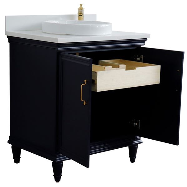 31" Single vanity in Blue finish with White quartz and round sink 