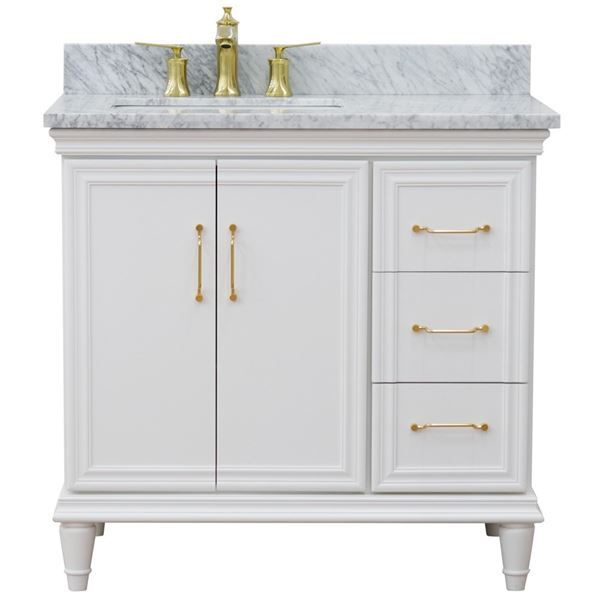 37" Single vanity in White finish with White Carrara and rectangle sink- Left door/Left sink