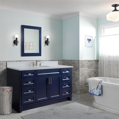 61" Single sink vanity in Blue finish and White quartz and oval sink