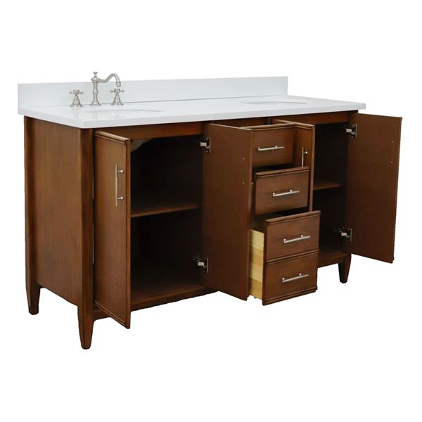 61" Double Sink Vanity in Walnut Finish With White Quartz and Oval Sink