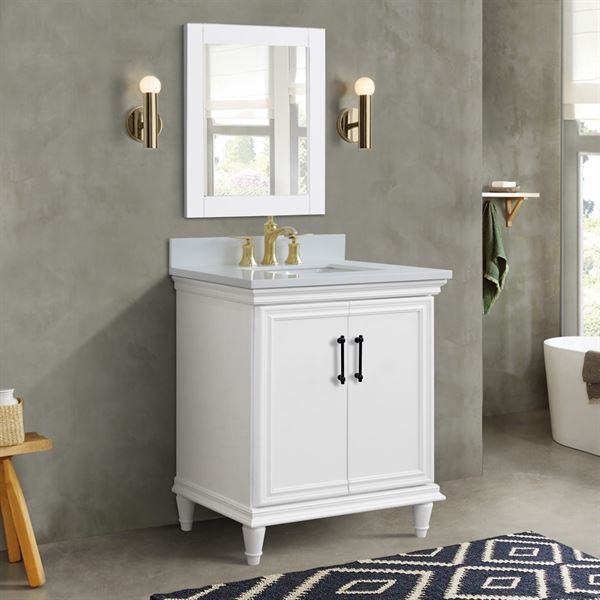31″ Single Vanity in White Finish with White Quartz and Rectangle Sink