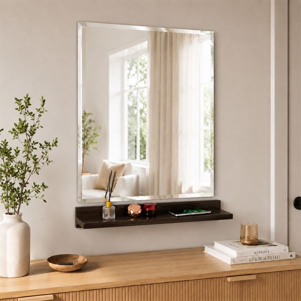 24" Rustic Wood Wireless Charging Shelf and Frameless Mirror Set