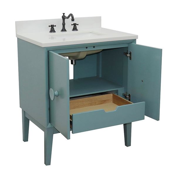 31" Single Vanity in Aqua Blue Finish With White Quartz Top and Rectangle Sink