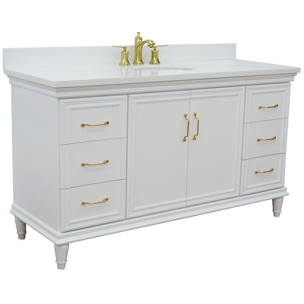 61" Single Vanity in White Finish With White Quartz and Oval Sink