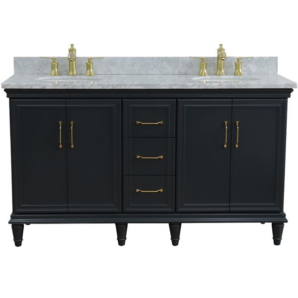 61" Double sink vanity in Dark Gray finish and White carrara marble and oval sink