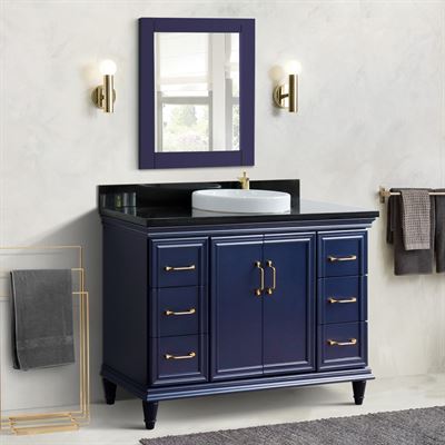 49" Single sink vanity in Blue finish with Black galaxy granite and round sink