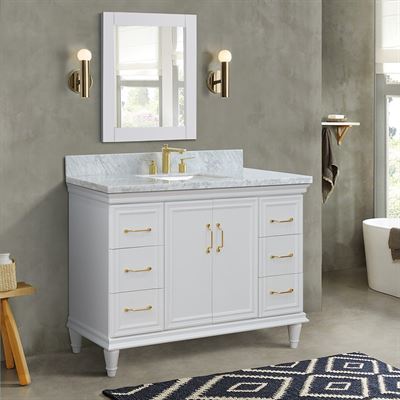 49" Single sink vanity in White finish with White carrara marble and rectangle sink