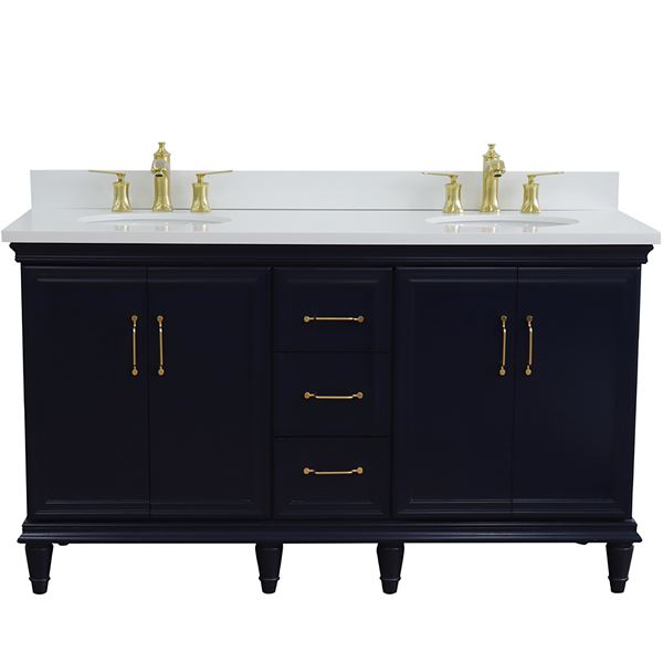 61" Double Sink Vanity in Blue Finish and White Quartz and Oval Sink