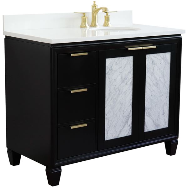 43" Single Vanity in Black Finish With White Quartz and Oval Sink- Right Door/Right Sink