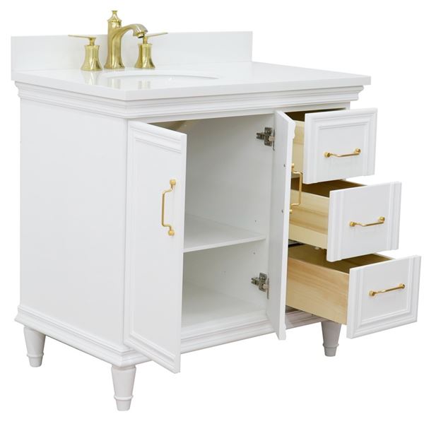 37" Single vanity in White finish with White quartz and oval sink- Left door/Left sink