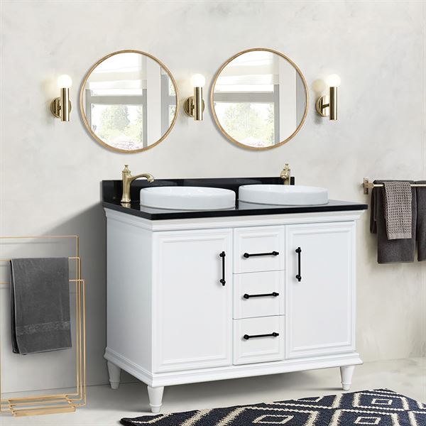 DISCONTINUED : 49" Double Vanity in White Finish with Black Galaxy and Round Sinks, Trento