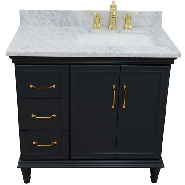 37" Single vanity in Dark Gray finish with White Carrara and rectangle sink- Right door/Right sink