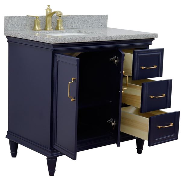 37" Single vanity in Blue finish with Gray granite and rectangle sink- Left door/Left sink