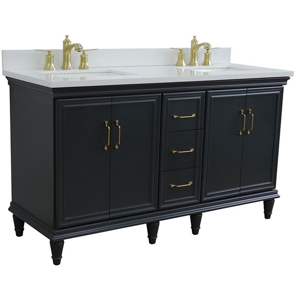 61" Double Sink Vanity in Dark Gray Finish and White Quartz and Rectangle Sink