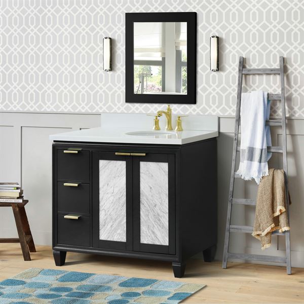 43″ Single Vanity in Dark Gray Finish with White Quartz and Oval Sink- Right Door/Right Sink