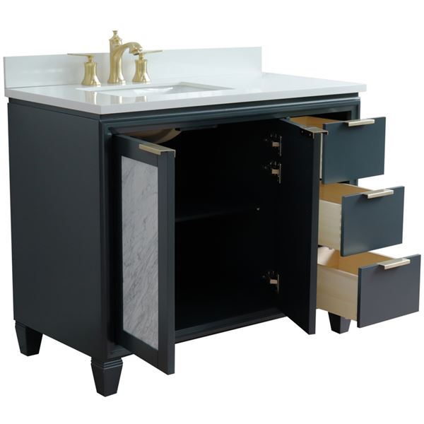 43" Single Vanity in Dark Gray Finish With White Quartz and Rectangle Sink- Left Door/Left Sink