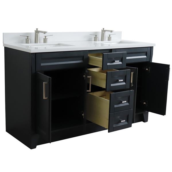 61" Double Sink Vanity in Dark Gray Finish and White Quartz and Rectangle Sink