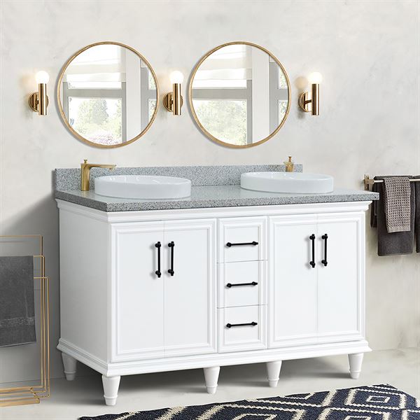 61″ Double Sink Vanity in White Finish and Gray Granite and Round Sinks
