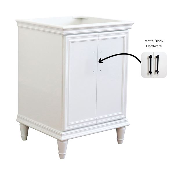 24″ Single Vanity in White Finish- Cabinet Only- Black Handles