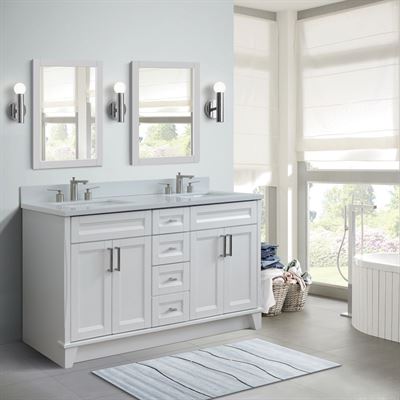 61" Double Sink Vanity in White Finish and White Quartz and Rectangle Sink
