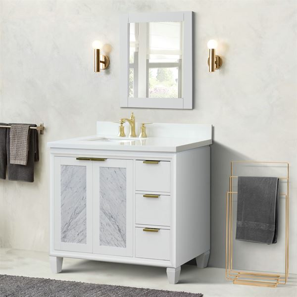 43″ Single Vanity in White Finish with White Quartz and Rectangle Sink- Left Door/Left Sink
