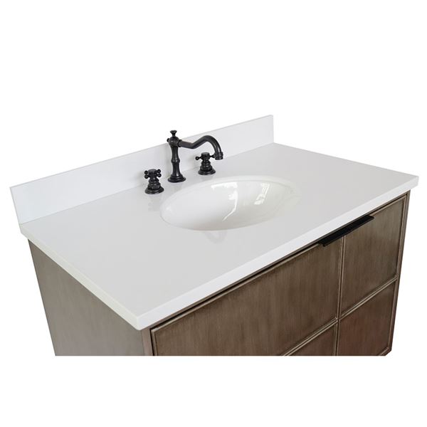 37" Single Wall Mount Vanity in Linen Brown Finish With White Quartz Top and Oval Sink