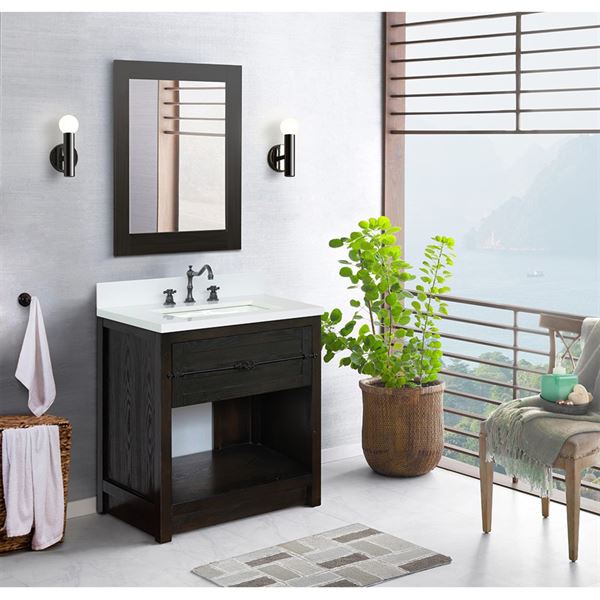 31″ Single Vanity in Brown Ash Finish with White Quartz Top and Rectangle Sink