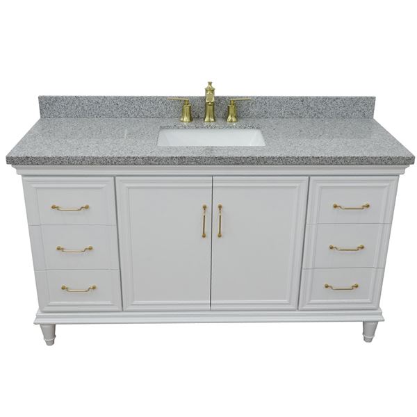 61" Single vanity in White finish with Gray granite and rectangle sink