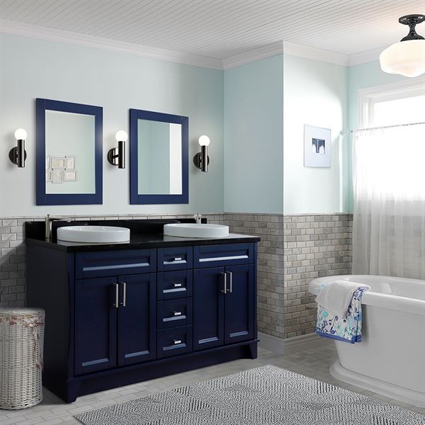 61" Double sink vanity in Blue finish and Black galaxy granite and round sink