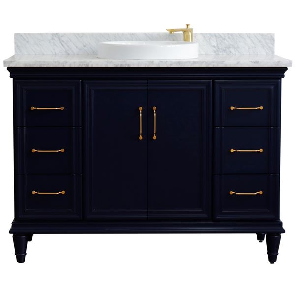 49" Single sink vanity in Blue finish with White carrara marble and round sink