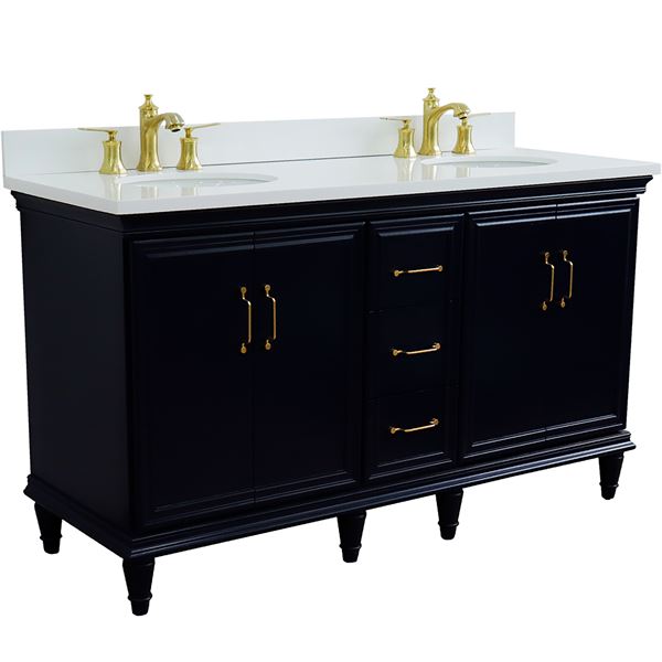 61" Double Sink Vanity in Blue Finish and White Quartz and Oval Sink