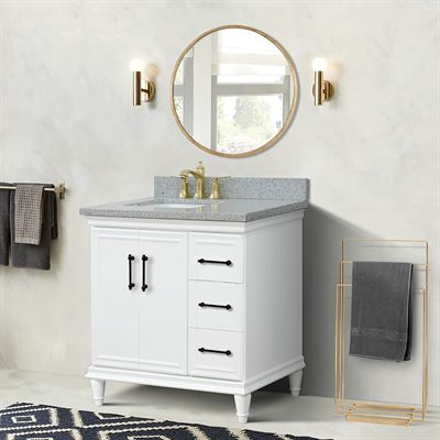 37" Single Vanity in White Finish with Gray Granite and Rectangle Sink- Left Door/Left Sink