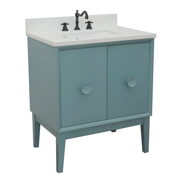 31" Single Vanity in Aqua Blue Finish With White Quartz Top and Rectangle Sink