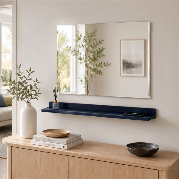 35" Blue Wireless Charging Shelf and Frameless Mirror Set