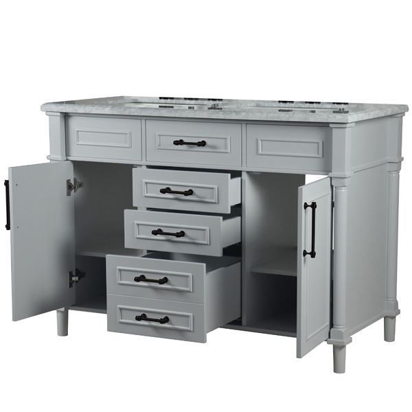 Napa 48 in. Double Vanity in Light Gray with White Carrara Marble Top with Black Hardware