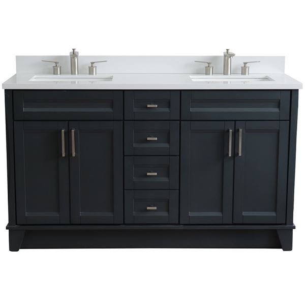 61" Double Sink Vanity in Dark Gray Finish and White Quartz and Rectangle Sink