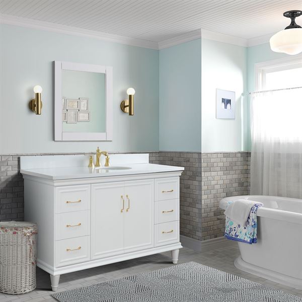 61″ Single Vanity in White Finish with White Quartz and Oval Sink
