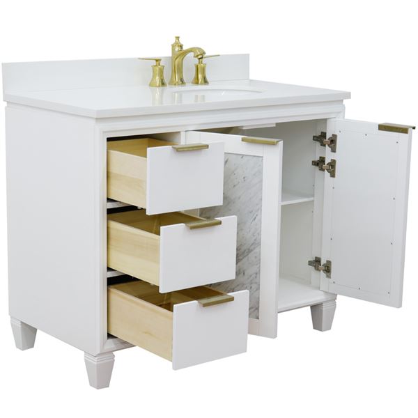 43" Single Vanity in White Finish With White Quartz and Oval Sink- Right Door/Right Sink