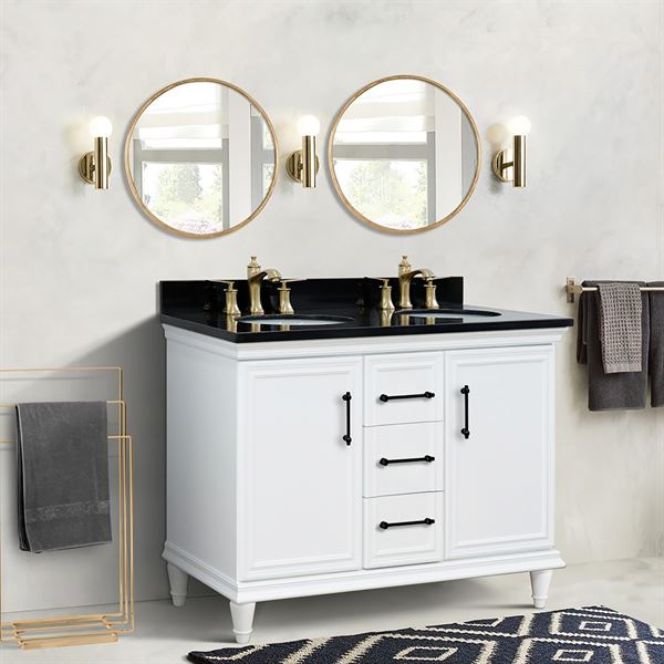 49″ Double Vanity in White Finish with Black Galaxy and Oval Sinks