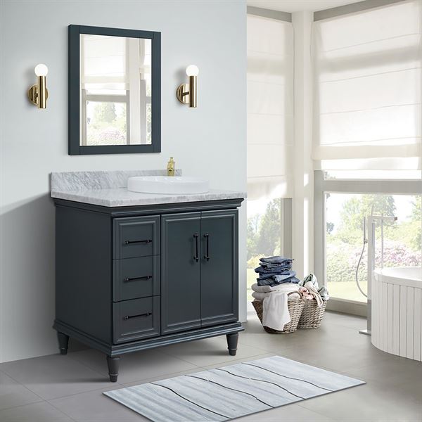 37″ Single Vanity in Dark Gray Finish with White Carrara and Round Sink- Right Door/Right Sink