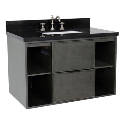 37" Single wall mount vanity in Linen Gray finish with Black Galaxy top and rectangle sink