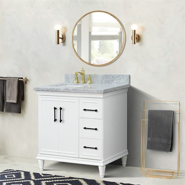 37" Single Vanity in White Finish with White Carrara and Rectangle Sink- Left Door/Left Sink