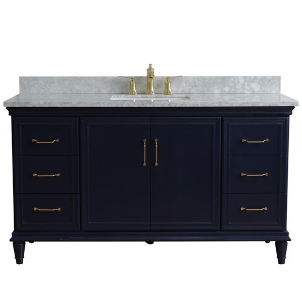 61" Single sink vanity in Blue finish and White carrara marble and rectangle sink