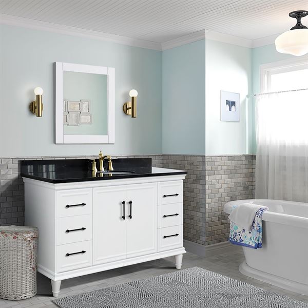 61″ Single Vanity in White Finish with Black Galaxy and Oval Sink