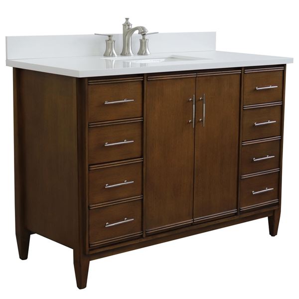 49" Single Sink Vanity in Walnut Finish With White Quartz and Rectangle Sink