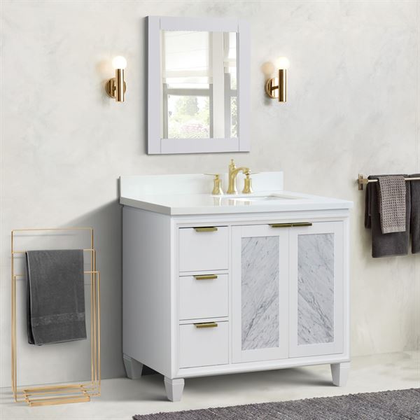 43″ Single Vanity in White Finish with White Quartz and Rectangle Sink- Right Door/Right Sink