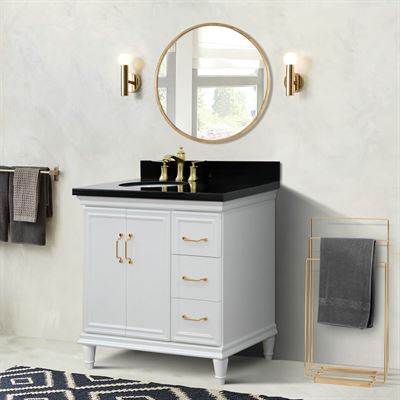 37" Single vanity in White finish with Black galaxy and oval sink- Left door/Left sink